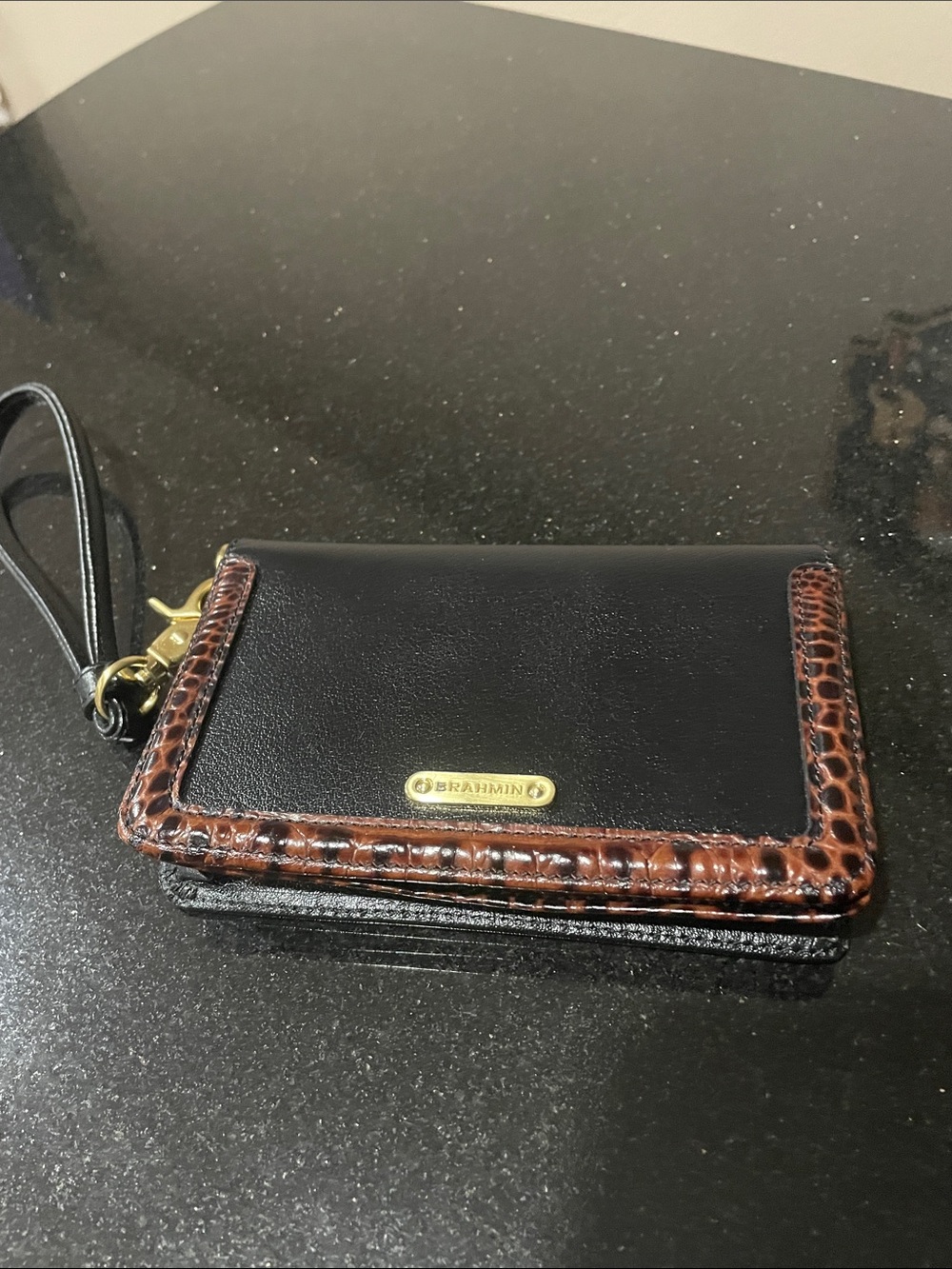 Brahmin Black Leather Wristlet Wallet with Brown Croc-Trim Accents